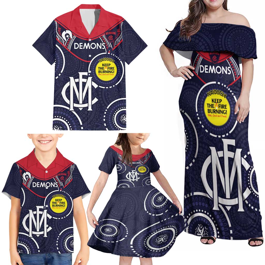 Custom AFL Demons NAIDOC Week Family Matching Off Shoulder Maxi Dress and Hawaiian Shirt Keep The Fire Burning Indigenous Art
