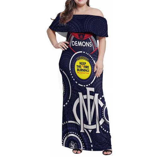 Custom AFL Demons NAIDOC Week Family Matching Off Shoulder Maxi Dress and Hawaiian Shirt Keep The Fire Burning Indigenous Art