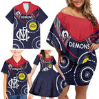 Custom AFL Demons NAIDOC Week Family Matching Off Shoulder Short Dress and Hawaiian Shirt Keep The Fire Burning Indigenous Art