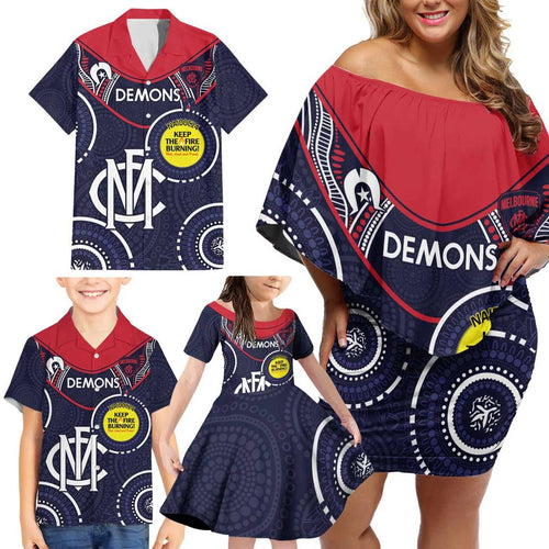 Custom AFL Demons NAIDOC Week Family Matching Off Shoulder Short Dress and Hawaiian Shirt Keep The Fire Burning Indigenous Art