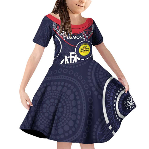 Custom AFL Demons NAIDOC Week Family Matching Off Shoulder Short Dress and Hawaiian Shirt Keep The Fire Burning Indigenous Art