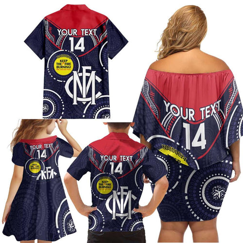 Custom AFL Demons NAIDOC Week Family Matching Off Shoulder Short Dress and Hawaiian Shirt Keep The Fire Burning Indigenous Art