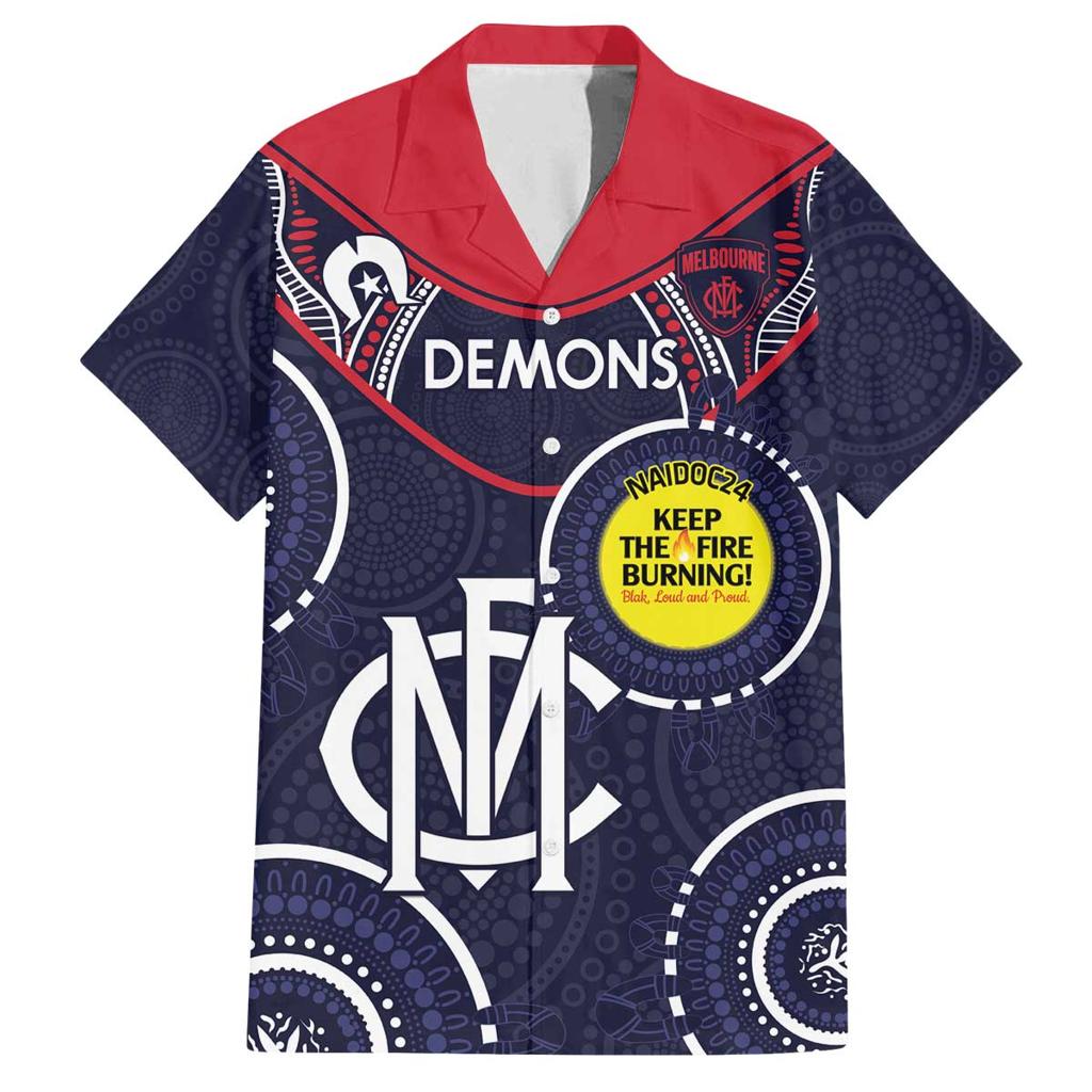 Custom AFL Demons NAIDOC Week Family Matching Off Shoulder Short Dress and Hawaiian Shirt Keep The Fire Burning Indigenous Art