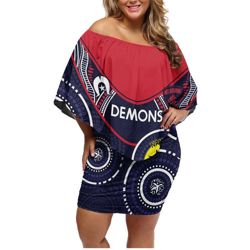 Custom AFL Demons NAIDOC Week Family Matching Off Shoulder Short Dress and Hawaiian Shirt Keep The Fire Burning Indigenous Art