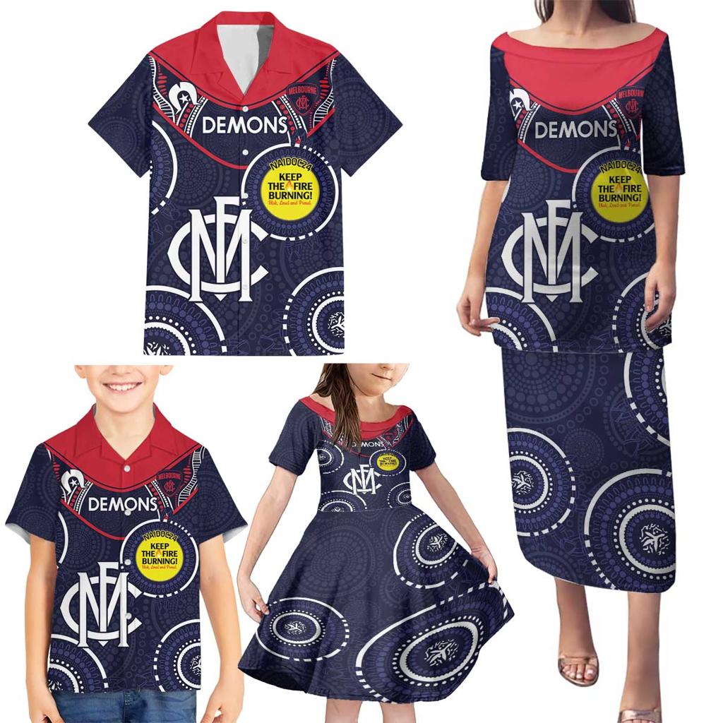 Custom AFL Demons NAIDOC Week Family Matching Puletasi and Hawaiian Shirt Keep The Fire Burning Indigenous Art
