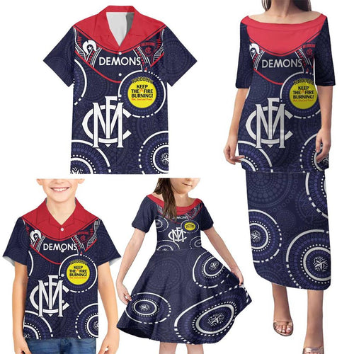 Custom AFL Demons NAIDOC Week Family Matching Puletasi and Hawaiian Shirt Keep The Fire Burning Indigenous Art