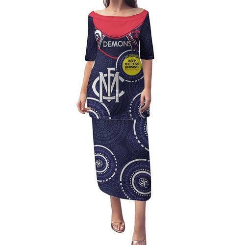 Custom AFL Demons NAIDOC Week Family Matching Puletasi and Hawaiian Shirt Keep The Fire Burning Indigenous Art