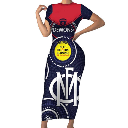 Custom AFL Demons NAIDOC Week Family Matching Short Sleeve Bodycon Dress and Hawaiian Shirt Keep The Fire Burning Indigenous Art