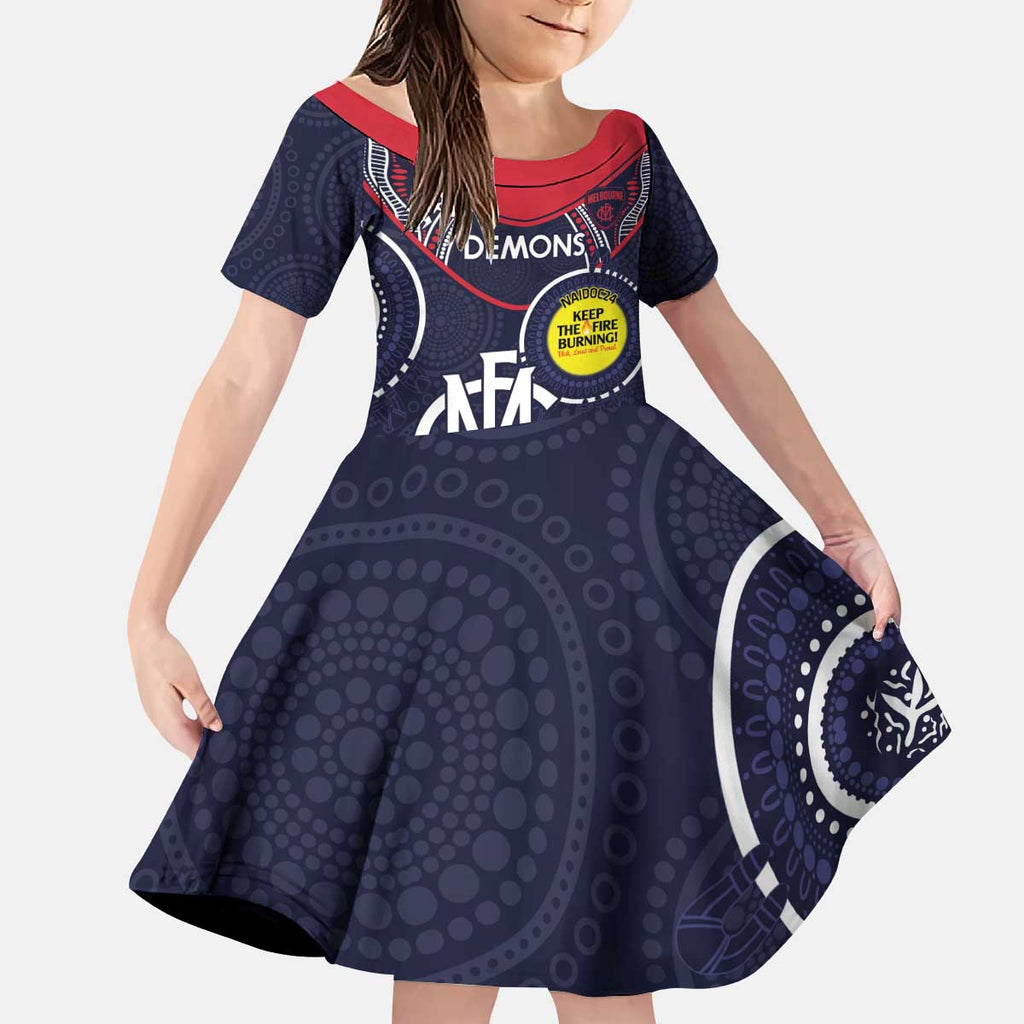 Custom AFL Demons NAIDOC Week Kid Short Sleeve Dress Keep The Fire Burning Indigenous Art