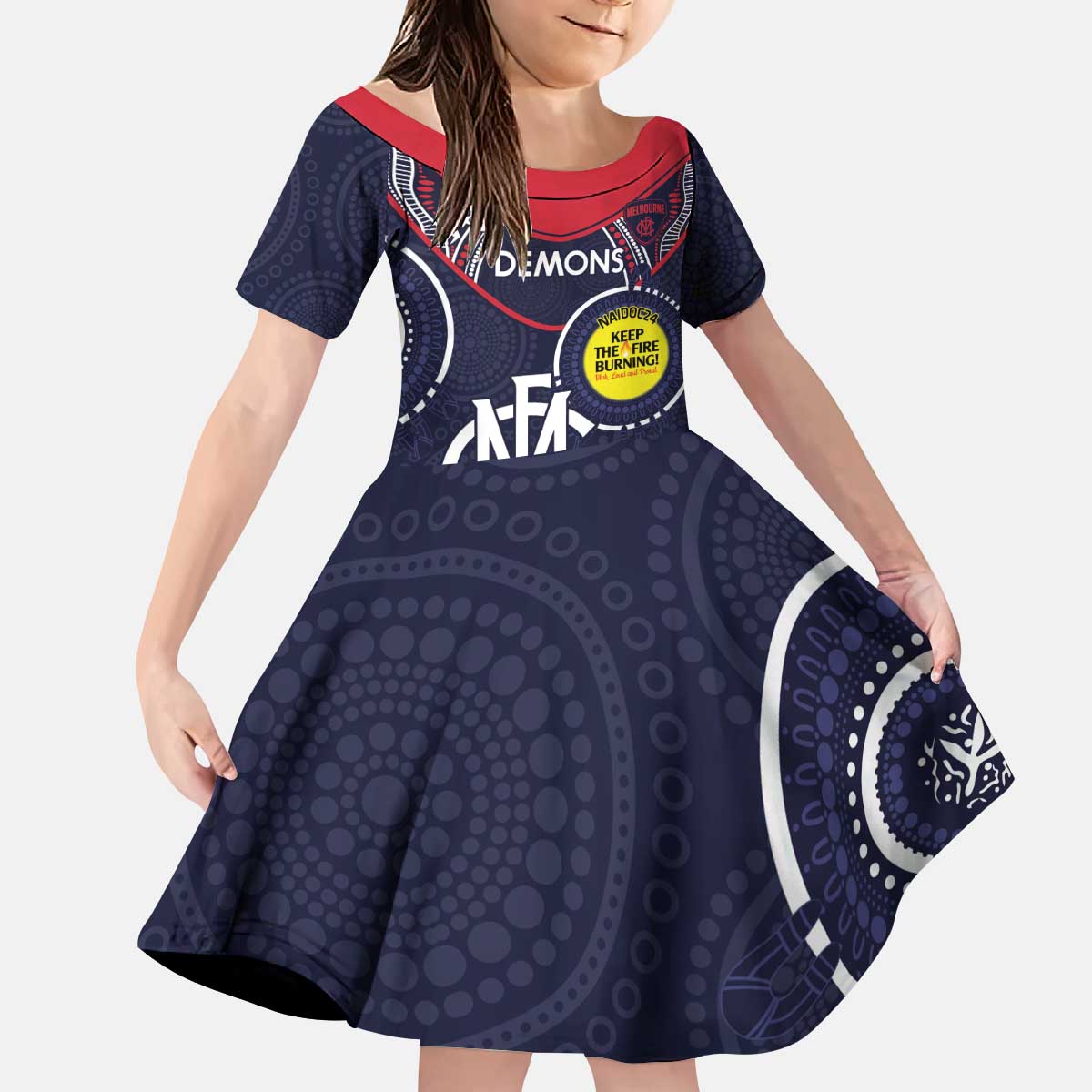 Custom AFL Demons NAIDOC Week Kid Short Sleeve Dress Keep The Fire Burning Indigenous Art