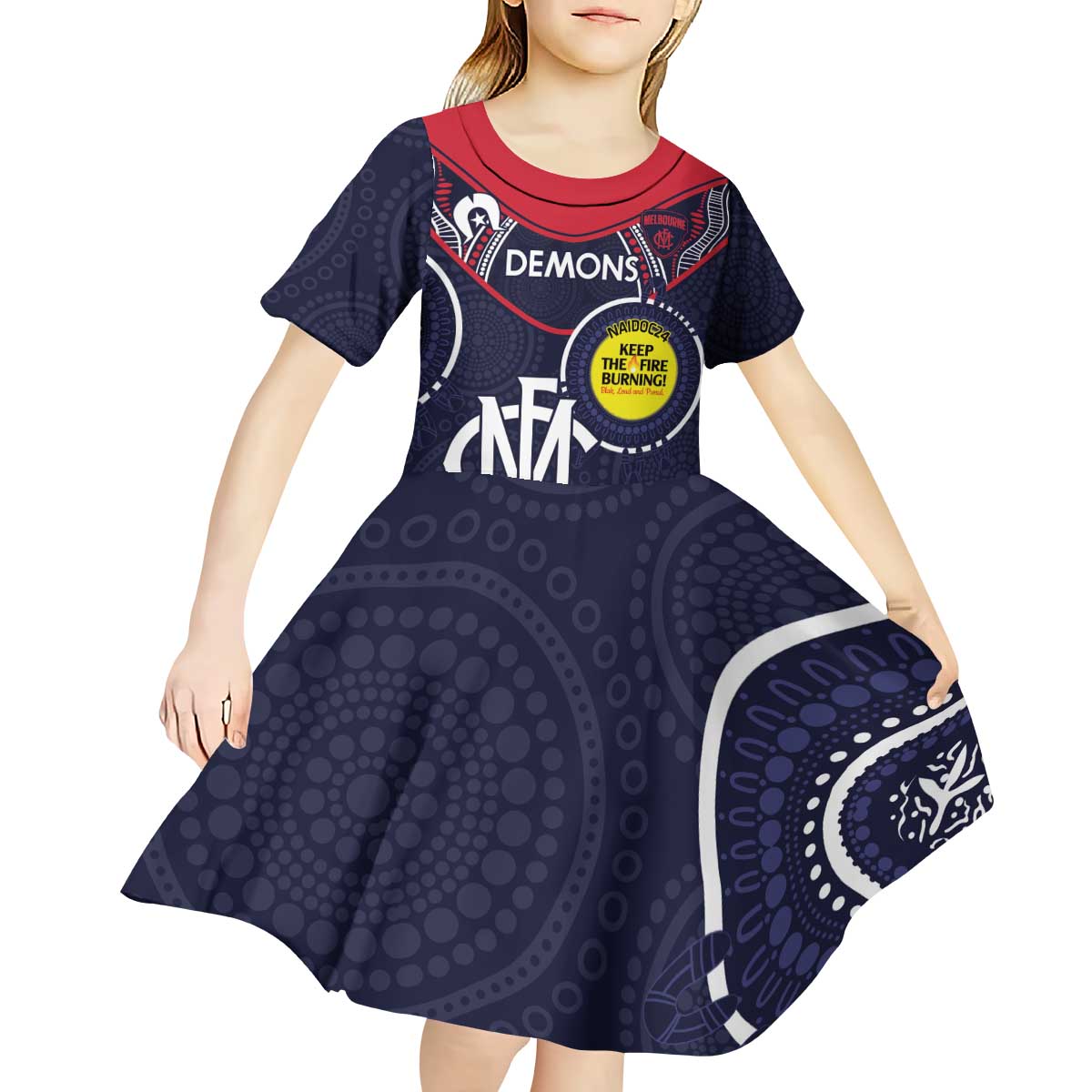 Custom AFL Demons NAIDOC Week Kid Short Sleeve Dress Keep The Fire Burning Indigenous Art