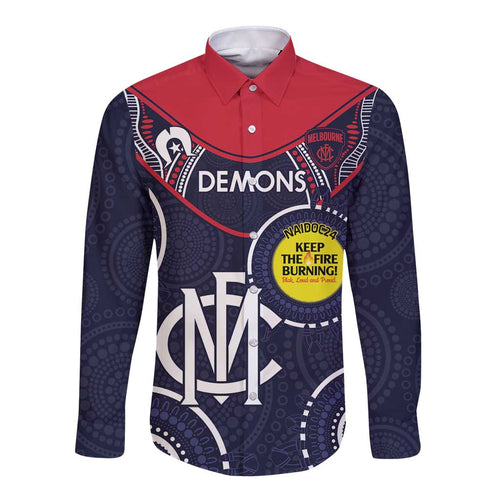 Custom AFL Demons NAIDOC Week Long Sleeve Button Shirt Keep The Fire Burning Indigenous Art