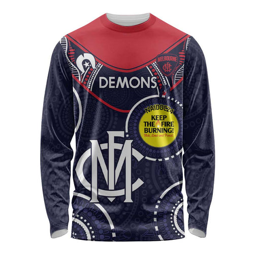 Custom AFL Demons NAIDOC Week Long Sleeve Shirt Keep The Fire Burning Indigenous Art