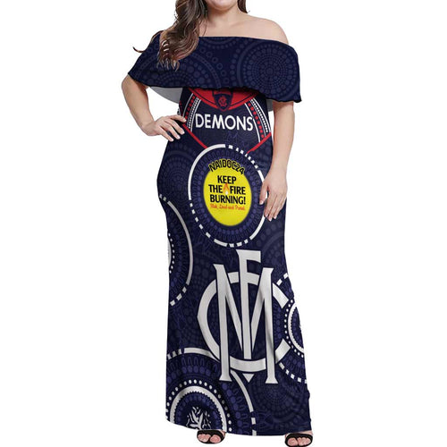 Custom AFL Demons NAIDOC Week Off Shoulder Maxi Dress Keep The Fire Burning Indigenous Art