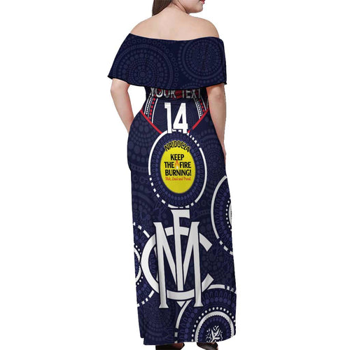 Custom AFL Demons NAIDOC Week Off Shoulder Maxi Dress Keep The Fire Burning Indigenous Art