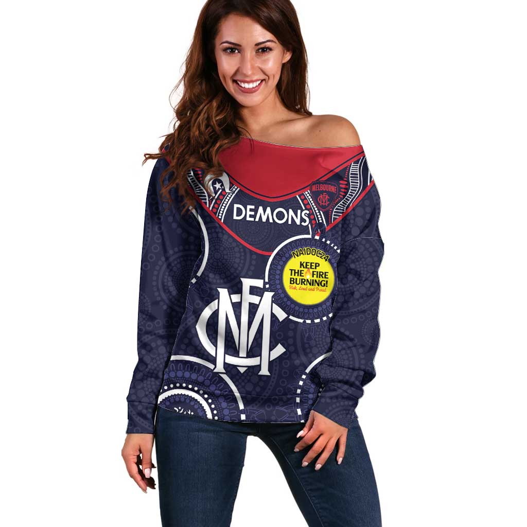 Custom AFL Demons NAIDOC Week Off Shoulder Sweater Keep The Fire Burning Indigenous Art