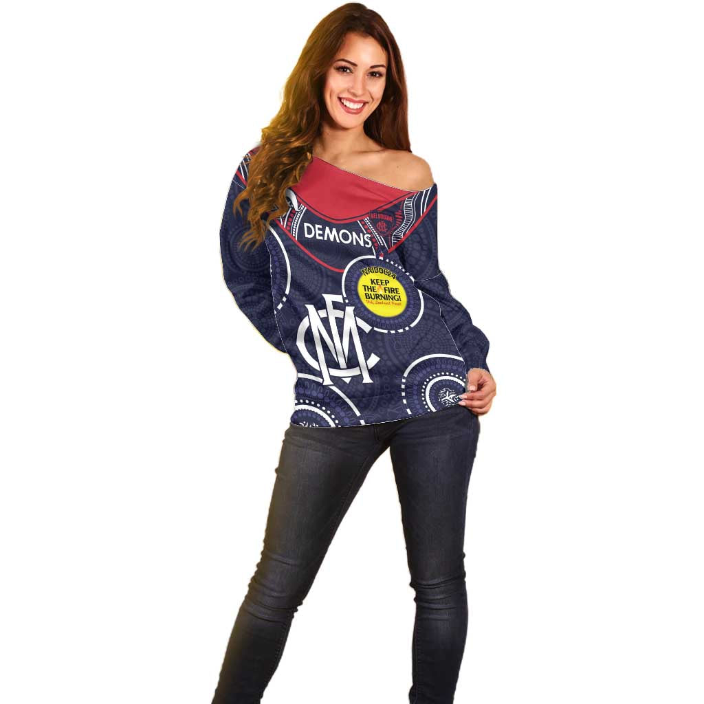 Custom AFL Demons NAIDOC Week Off Shoulder Sweater Keep The Fire Burning Indigenous Art
