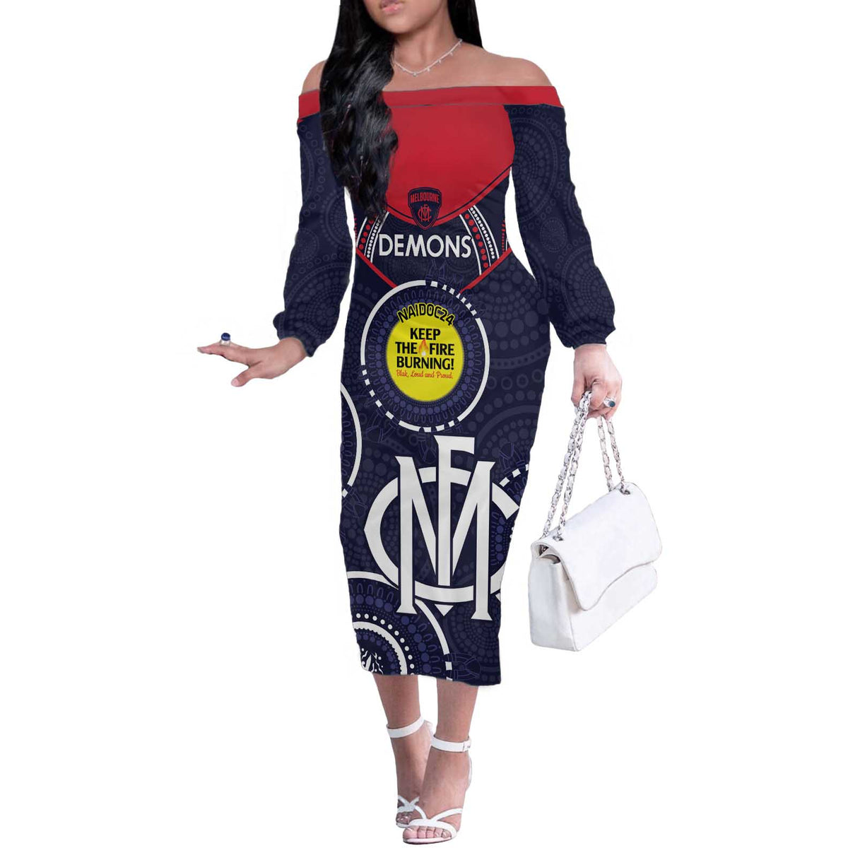 Custom AFL Demons NAIDOC Week Off The Shoulder Long Sleeve Dress Keep The Fire Burning Indigenous Art