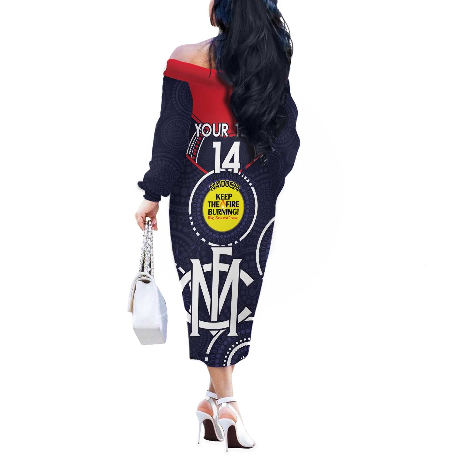 Custom AFL Demons NAIDOC Week Off The Shoulder Long Sleeve Dress Keep The Fire Burning Indigenous Art