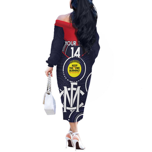 Custom AFL Demons NAIDOC Week Off The Shoulder Long Sleeve Dress Keep The Fire Burning Indigenous Art
