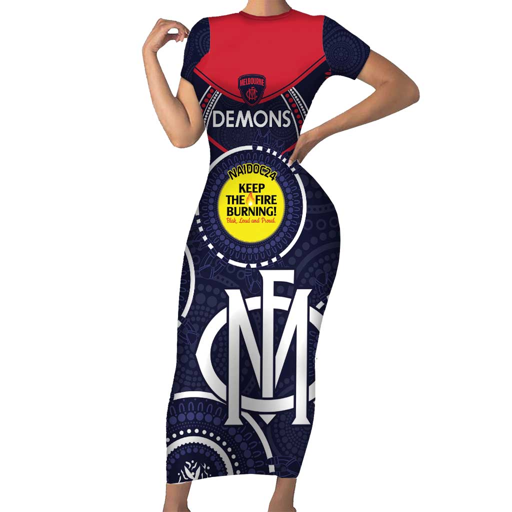 Custom AFL Demons NAIDOC Week Short Sleeve Bodycon Dress Keep The Fire Burning Indigenous Art