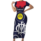 Custom AFL Demons NAIDOC Week Short Sleeve Bodycon Dress Keep The Fire Burning Indigenous Art