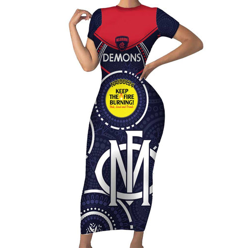 Custom AFL Demons NAIDOC Week Short Sleeve Bodycon Dress Keep The Fire Burning Indigenous Art