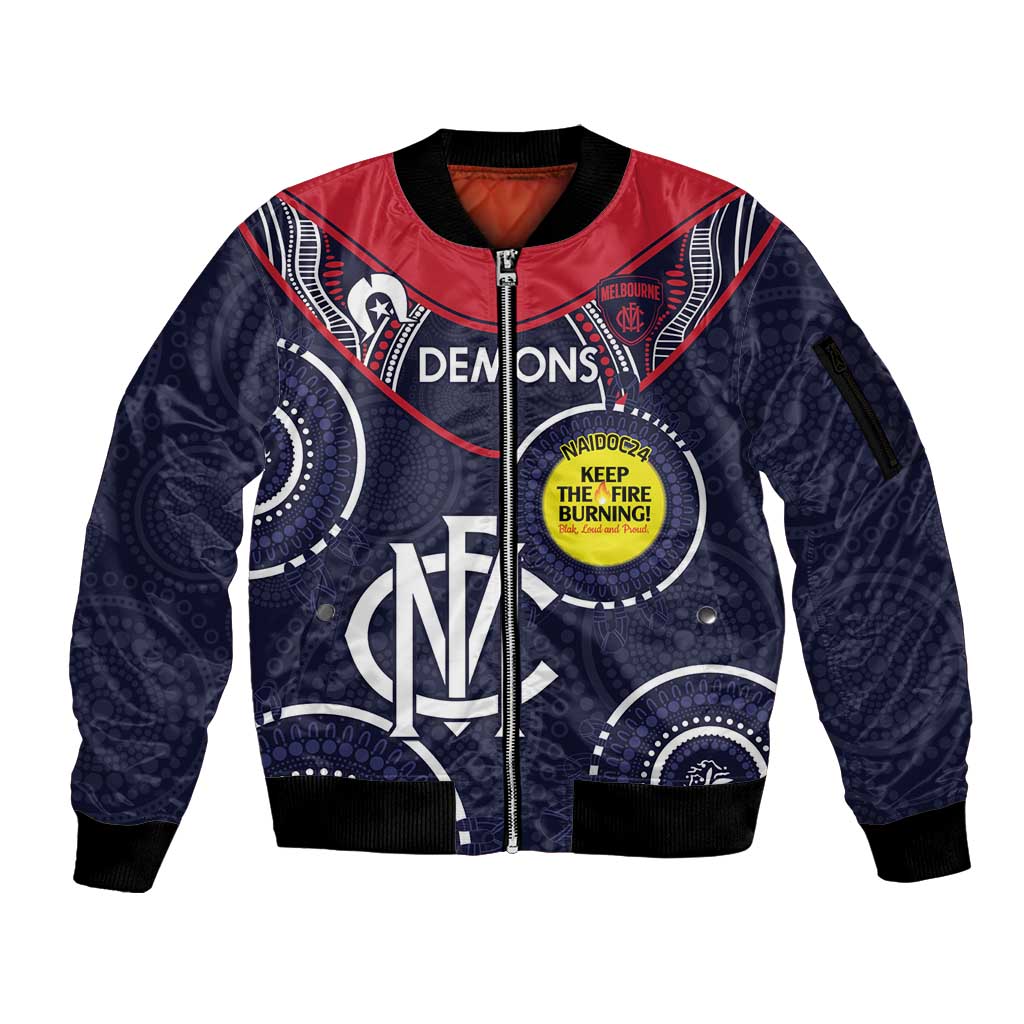 Custom AFL Demons NAIDOC Week Sleeve Zip Bomber Jacket Keep The Fire Burning Indigenous Art