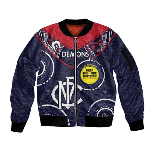 Custom AFL Demons NAIDOC Week Sleeve Zip Bomber Jacket Keep The Fire Burning Indigenous Art