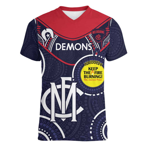 Custom AFL Demons NAIDOC Week Women V-Neck T-Shirt Keep The Fire Burning Indigenous Art