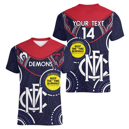 Custom AFL Demons NAIDOC Week Women V-Neck T-Shirt Keep The Fire Burning Indigenous Art