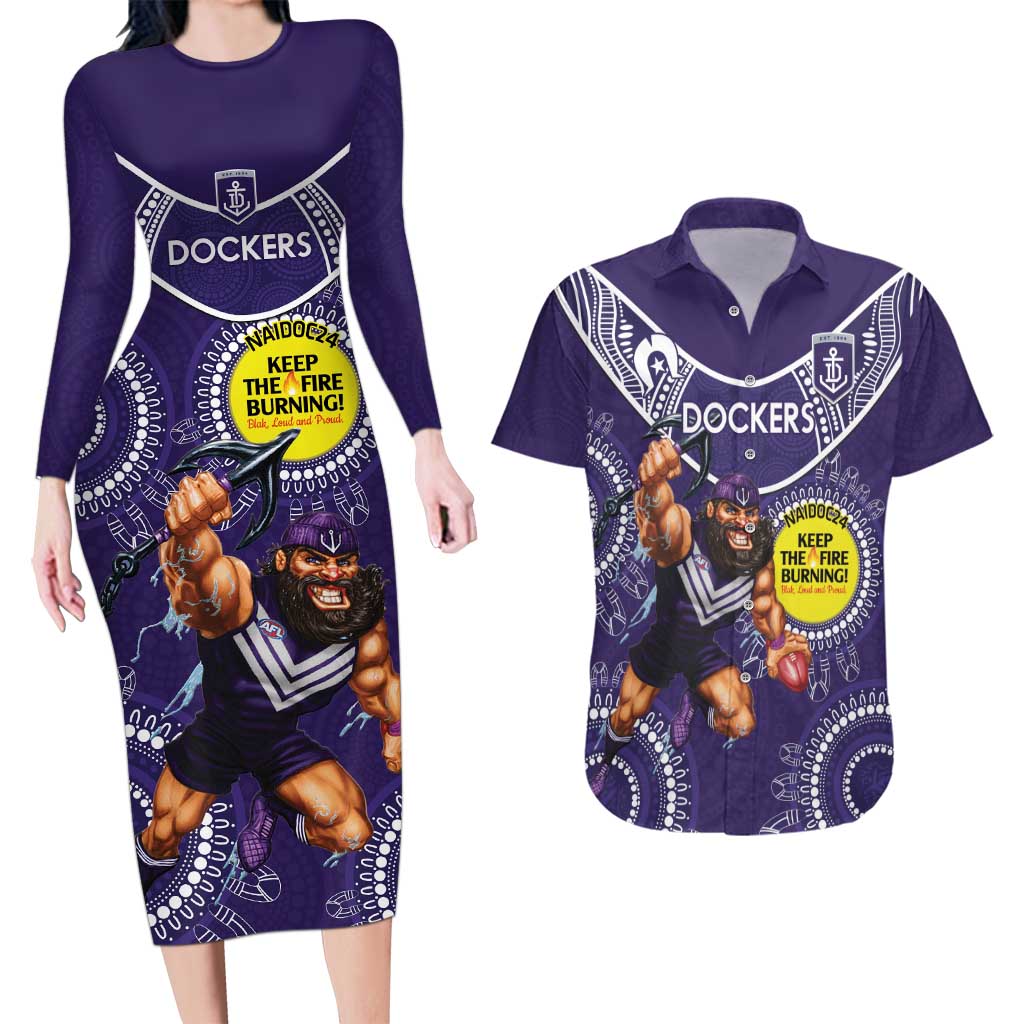 Custom AFL Dockers NAIDOC Week Couples Matching Long Sleeve Bodycon Dress and Hawaiian Shirt Keep The Fire Burning Indigenous Art