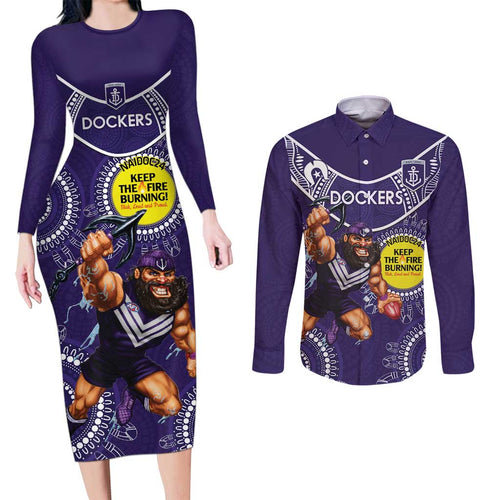 Custom AFL Dockers NAIDOC Week Couples Matching Long Sleeve Bodycon Dress and Long Sleeve Button Shirt Keep The Fire Burning Indigenous Art