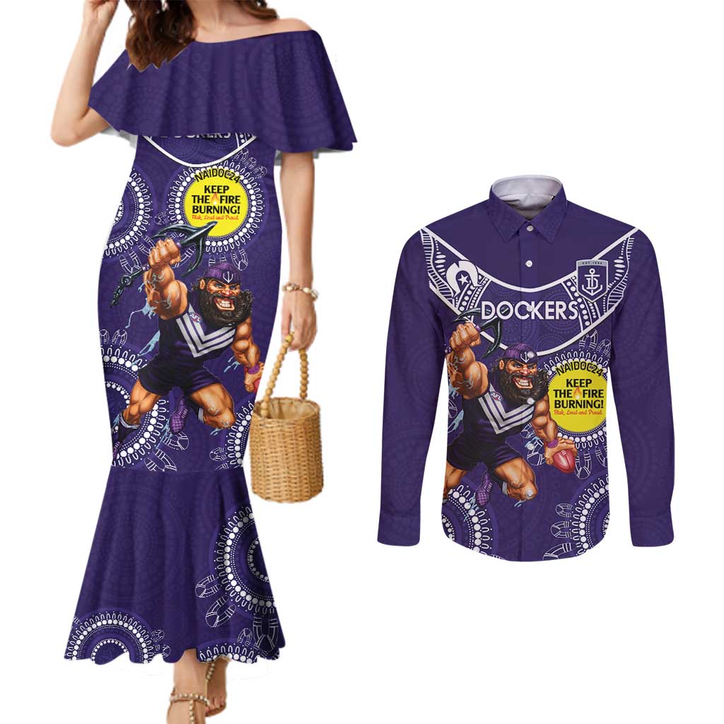 Custom AFL Dockers NAIDOC Week Couples Matching Mermaid Dress and Long Sleeve Button Shirt Keep The Fire Burning Indigenous Art