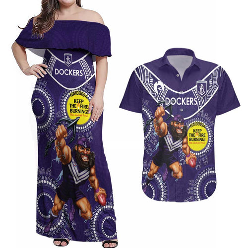 Custom AFL Dockers NAIDOC Week Couples Matching Off Shoulder Maxi Dress and Hawaiian Shirt Keep The Fire Burning Indigenous Art