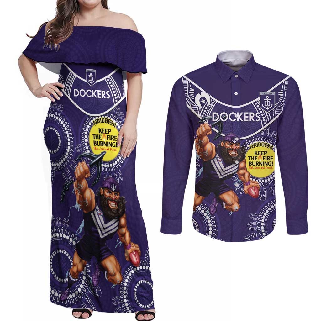 Custom AFL Dockers NAIDOC Week Couples Matching Off Shoulder Maxi Dress and Long Sleeve Button Shirt Keep The Fire Burning Indigenous Art