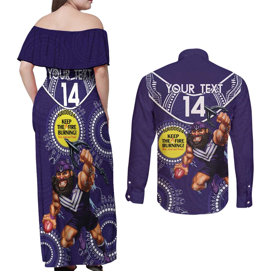 Custom AFL Dockers NAIDOC Week Couples Matching Off Shoulder Maxi Dress and Long Sleeve Button Shirt Keep The Fire Burning Indigenous Art