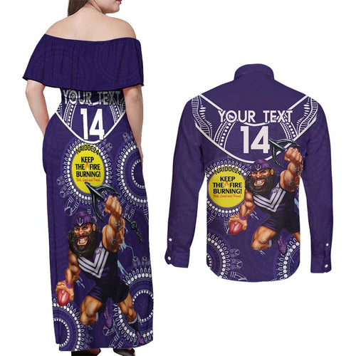 Custom AFL Dockers NAIDOC Week Couples Matching Off Shoulder Maxi Dress and Long Sleeve Button Shirt Keep The Fire Burning Indigenous Art