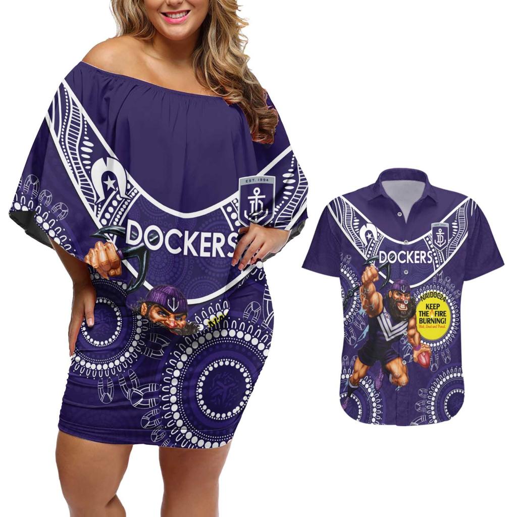 Custom AFL Dockers NAIDOC Week Couples Matching Off Shoulder Short Dress and Hawaiian Shirt Keep The Fire Burning Indigenous Art