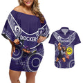 Custom AFL Dockers NAIDOC Week Couples Matching Off Shoulder Short Dress and Hawaiian Shirt Keep The Fire Burning Indigenous Art