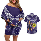 Custom AFL Dockers NAIDOC Week Couples Matching Off Shoulder Short Dress and Hawaiian Shirt Keep The Fire Burning Indigenous Art