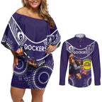 Custom AFL Dockers NAIDOC Week Couples Matching Off Shoulder Short Dress and Long Sleeve Button Shirt Keep The Fire Burning Indigenous Art