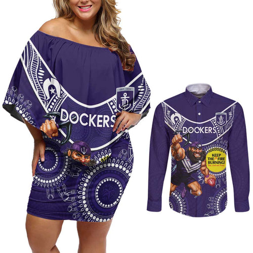 Custom AFL Dockers NAIDOC Week Couples Matching Off Shoulder Short Dress and Long Sleeve Button Shirt Keep The Fire Burning Indigenous Art