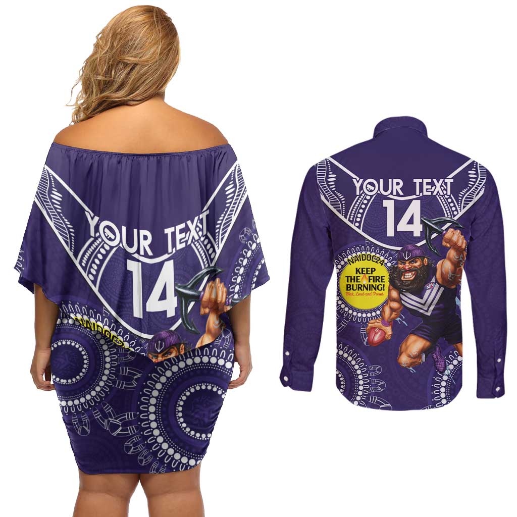 Custom AFL Dockers NAIDOC Week Couples Matching Off Shoulder Short Dress and Long Sleeve Button Shirt Keep The Fire Burning Indigenous Art