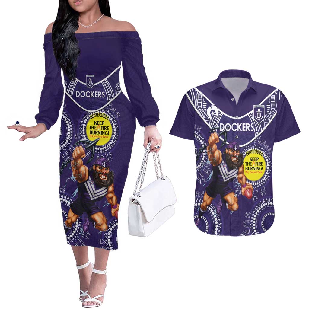 Custom AFL Dockers NAIDOC Week Couples Matching Off The Shoulder Long Sleeve Dress and Hawaiian Shirt Keep The Fire Burning Indigenous Art
