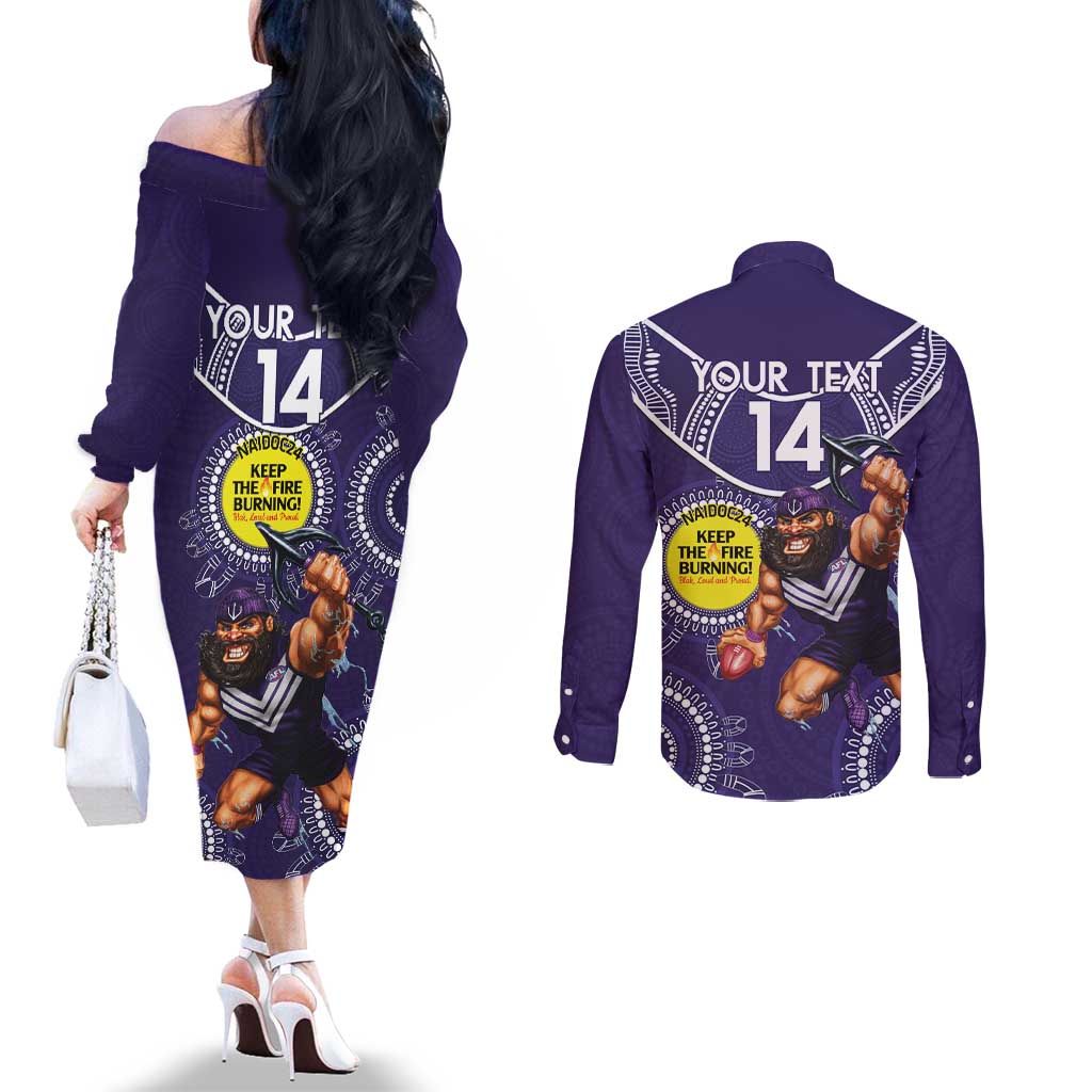 Custom AFL Dockers NAIDOC Week Couples Matching Off The Shoulder Long Sleeve Dress and Long Sleeve Button Shirt Keep The Fire Burning Indigenous Art