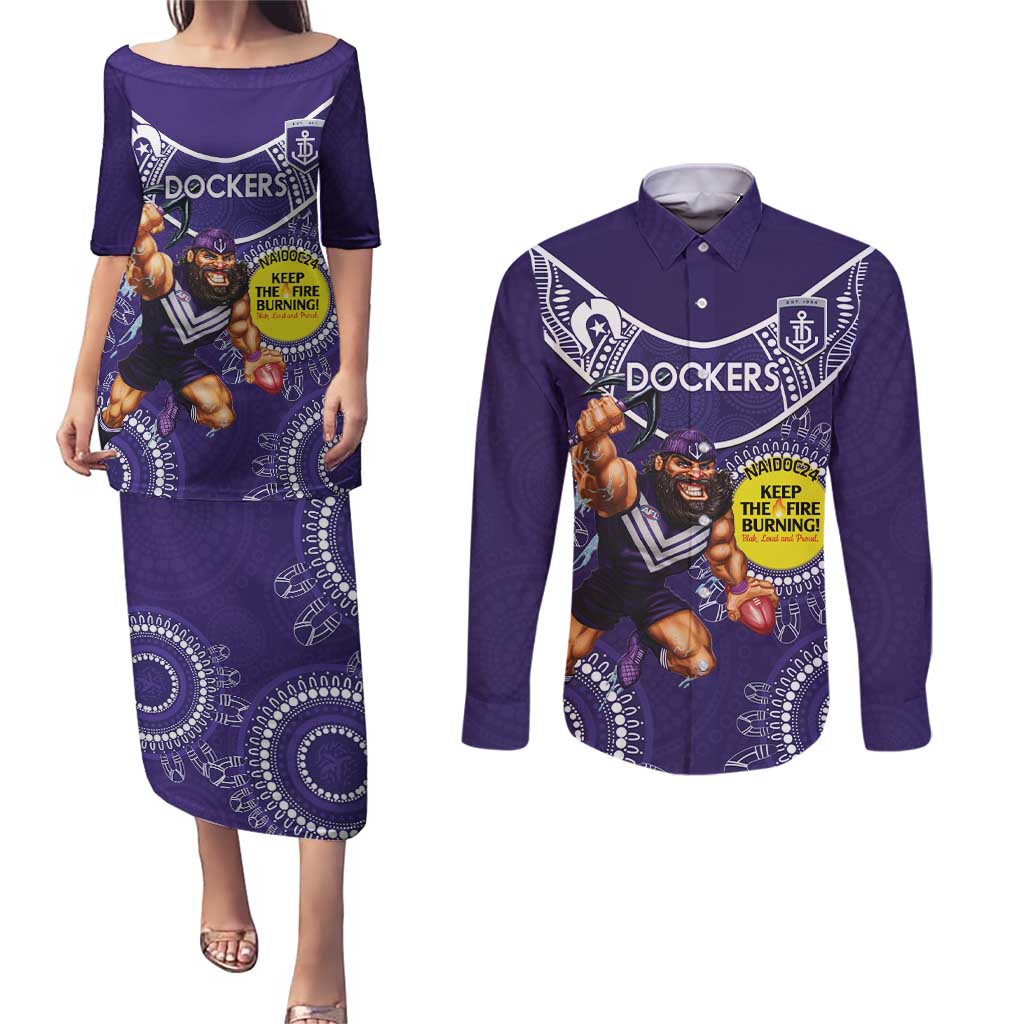 Custom AFL Dockers NAIDOC Week Couples Matching Puletasi and Long Sleeve Button Shirt Keep The Fire Burning Indigenous Art