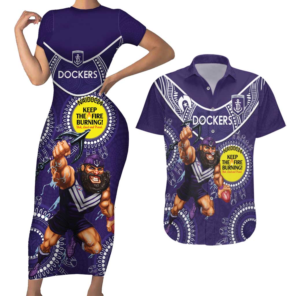 Custom AFL Dockers NAIDOC Week Couples Matching Short Sleeve Bodycon Dress and Hawaiian Shirt Keep The Fire Burning Indigenous Art