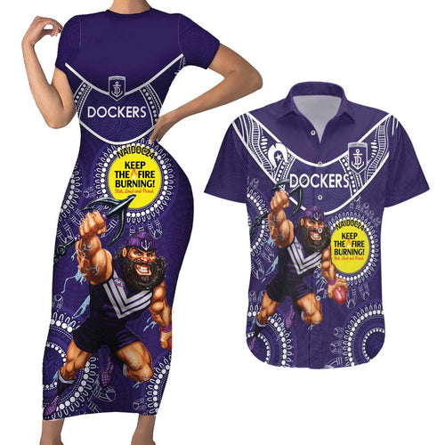 Custom AFL Dockers NAIDOC Week Couples Matching Short Sleeve Bodycon Dress and Hawaiian Shirt Keep The Fire Burning Indigenous Art