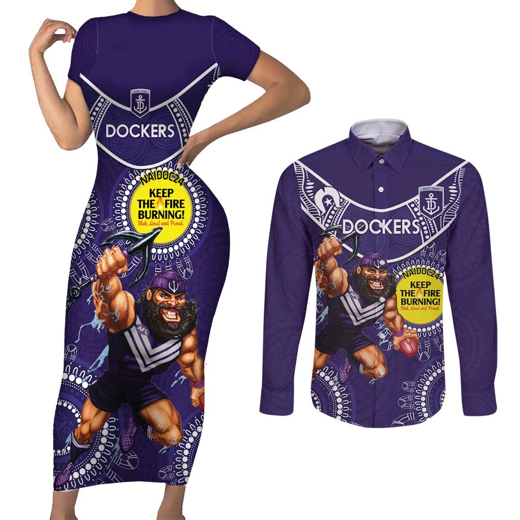 Custom AFL Dockers NAIDOC Week Couples Matching Short Sleeve Bodycon Dress and Long Sleeve Button Shirt Keep The Fire Burning Indigenous Art